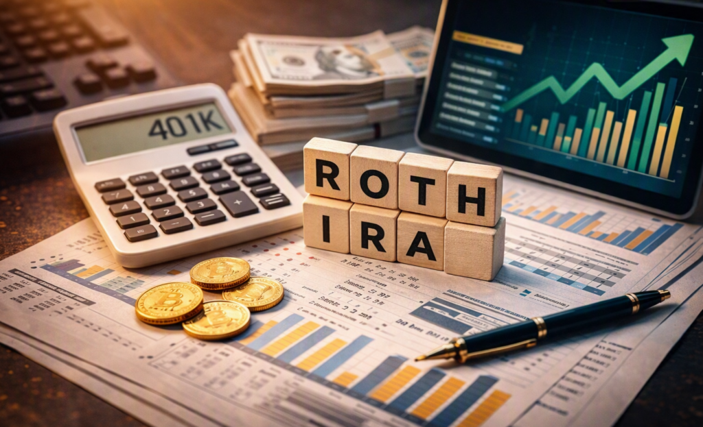 Mega Backdoor Roth IRA setup with calculator and Roth IRA notebook